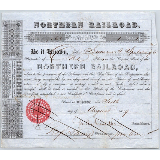 1849 Boston, MA Northern Railroad Stock Certificate No. 7268 for 1 Share