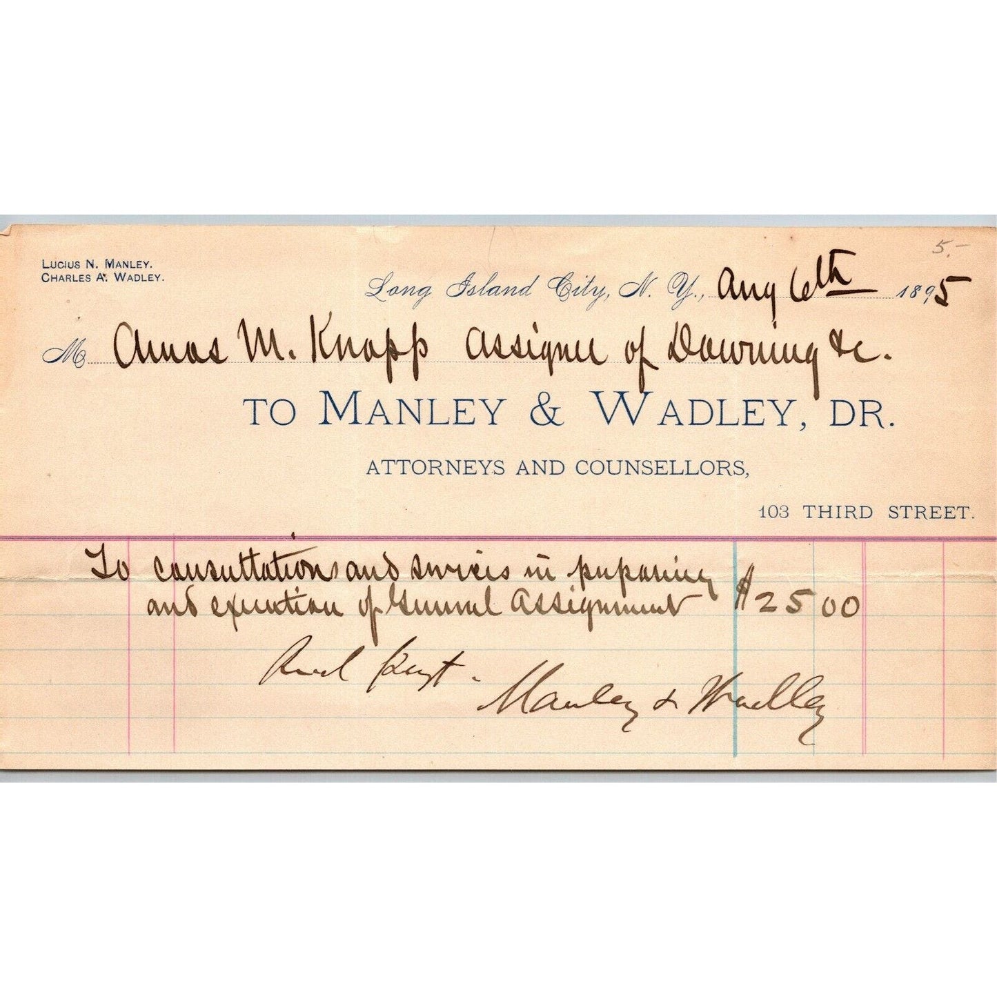 LIC, NY c1895 Letterhead - Manley & Wadley Attorneys and Counsellors Third St.