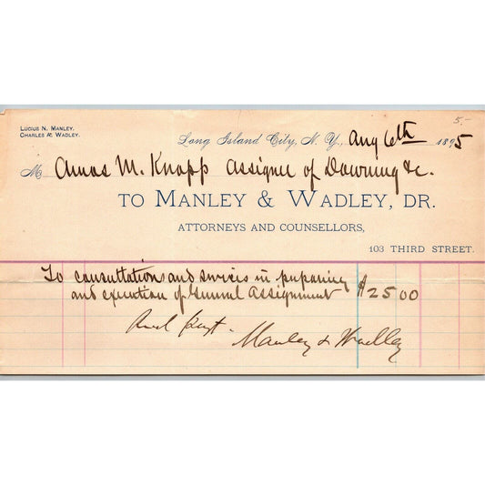 LIC, NY c1895 Letterhead - Manley & Wadley Attorneys and Counsellors Third St.