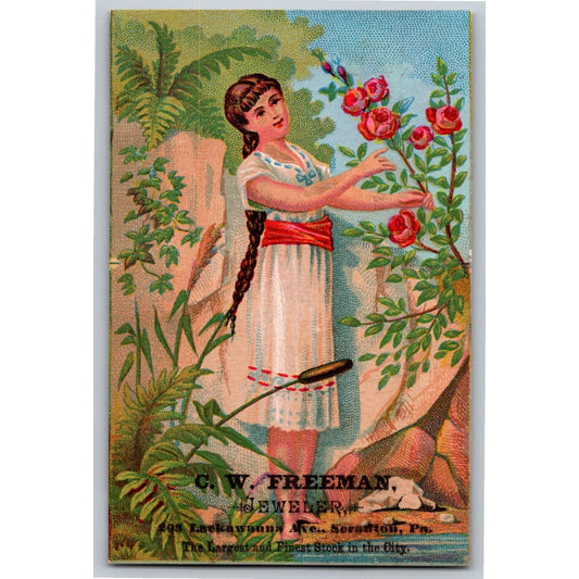 C.W. Freeman Jeweler Scranton, PA Girl w/ White Dress Victorian Trade Card