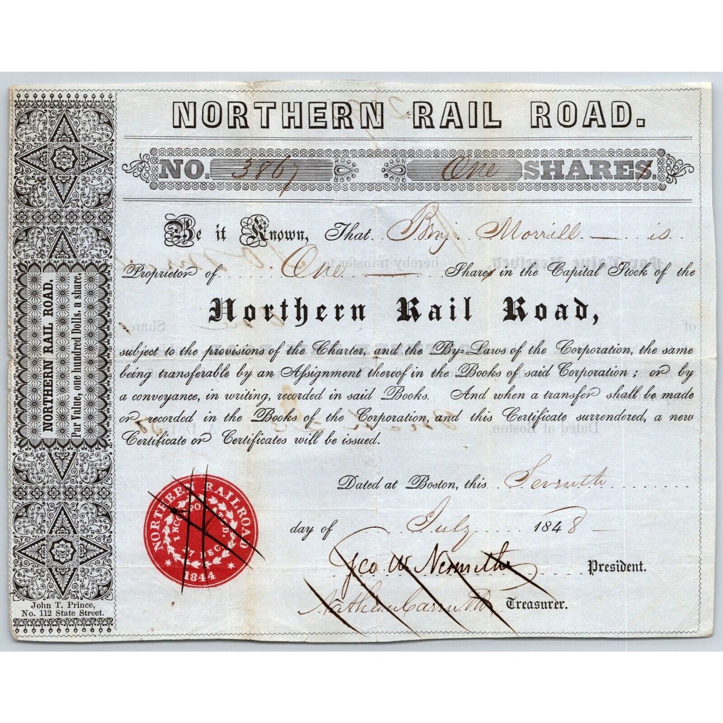 1848 Boston, MA Northern Railroad Stock Certificate No. 3867 for 1 Share