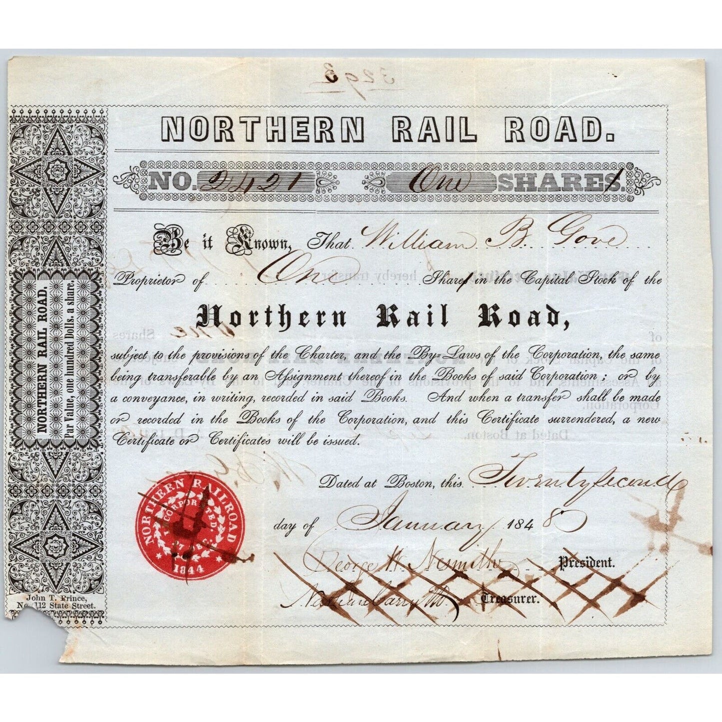 1848 Boston, MA Northern Railroad Stock Certificate No. 2421 for 1 Share
