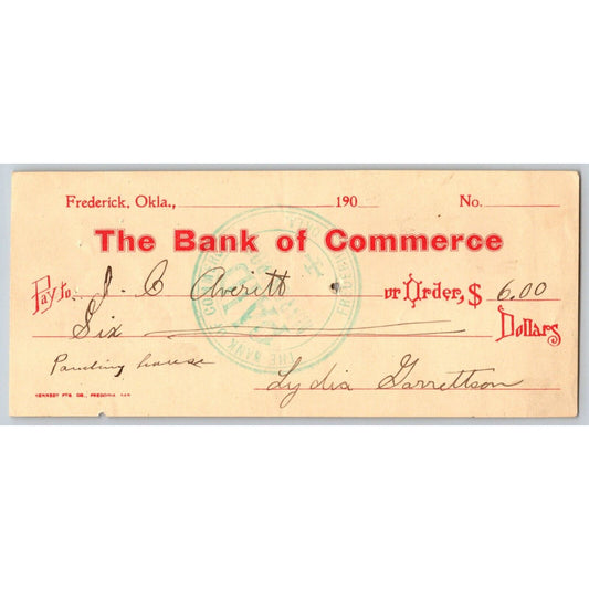 Frederick Oklahoma Territorial 190? Bank of Commerce Check Scarce