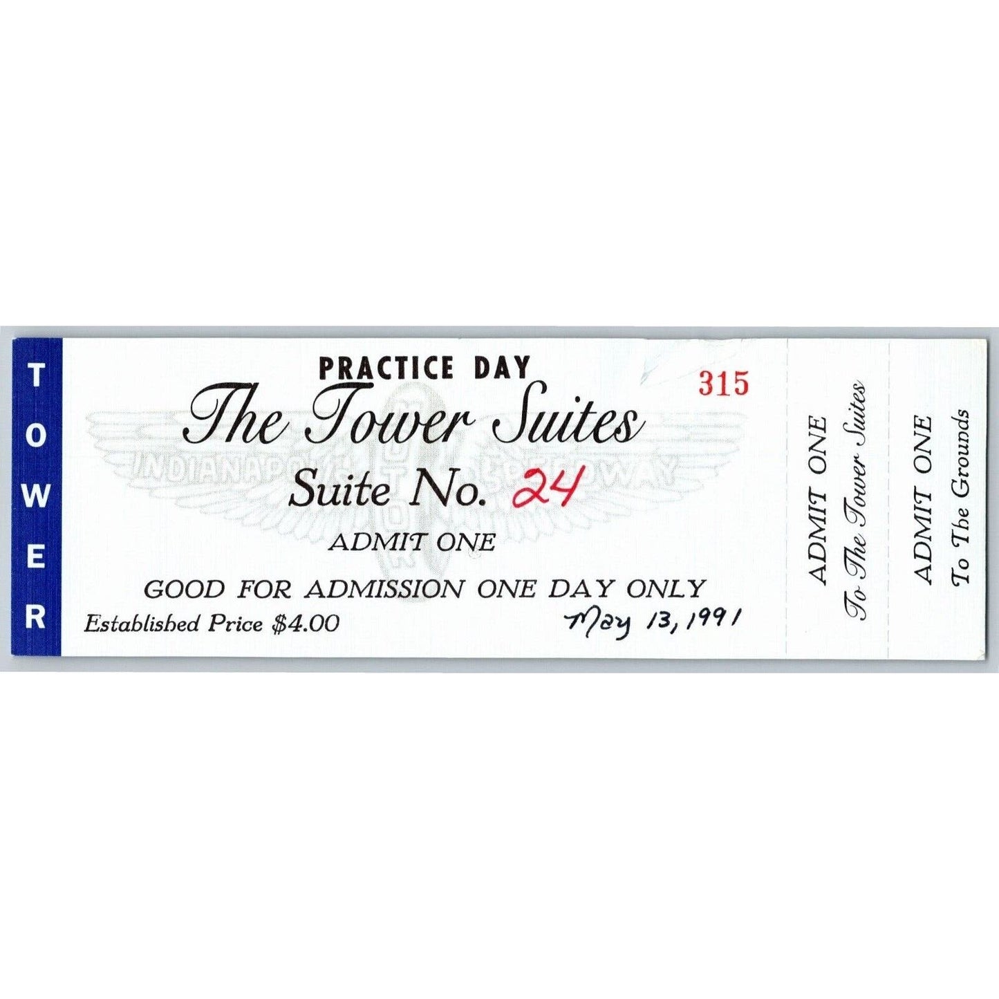 1991 Indy 500 Tower Suites Practice Day Unused Ticket Indianapolis #315