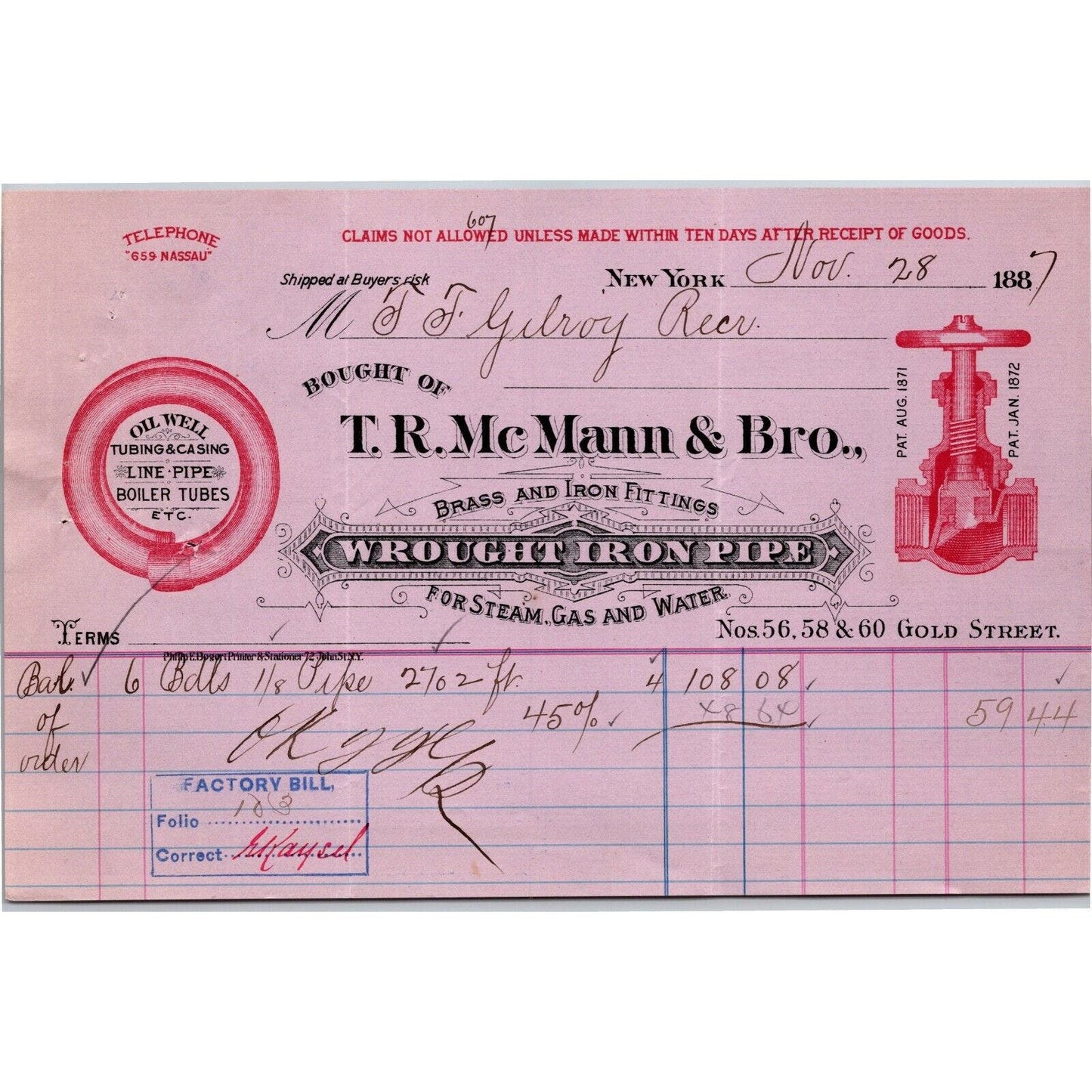 1887 "T. R. Mc Mann & Bros., Wrought Iron Pipe" Billhead Letterhead Gold St, NYC