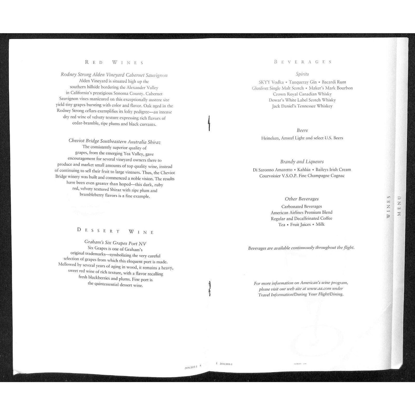 2004 American Airlines First Class Lunch Wine Menu w/ Anne Von Ehr Michigan Sky