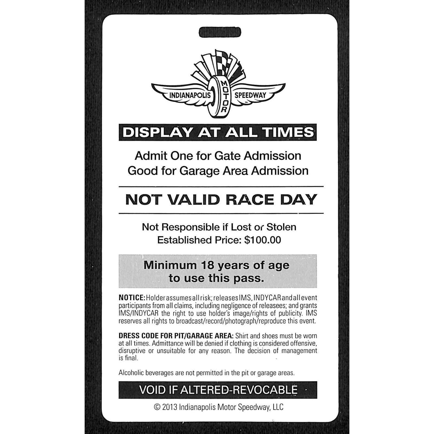 2013 Indy 500 Garage Access Ticket Pass Indianapolis IMS #5981 VGC