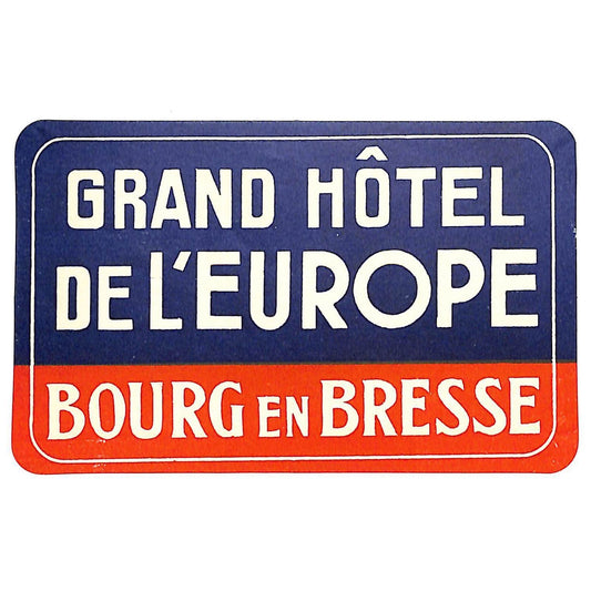 Grand Hôtel De L'Europe Bourg en Bresse Paper Luggage Label Vintage NOS VGC