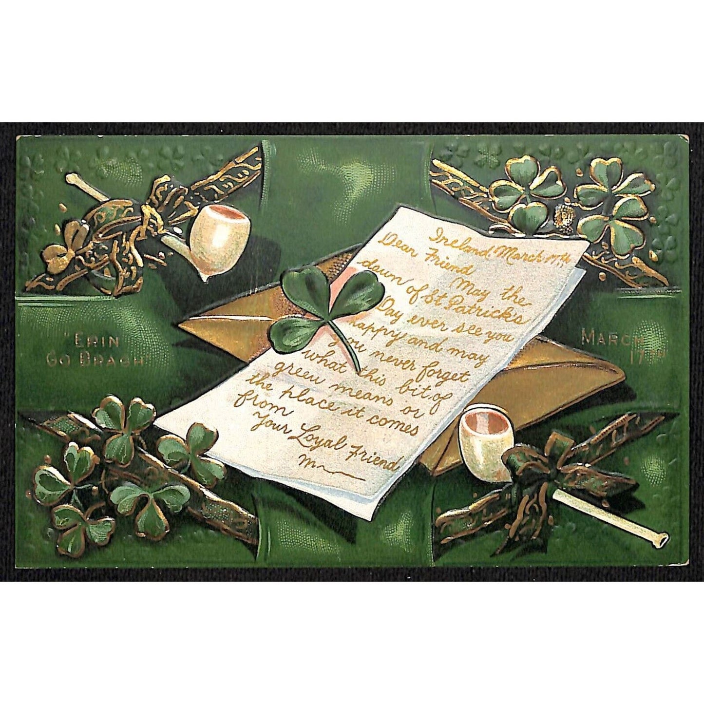 St. Patrick's Day Postcard Clay Pipes Letter Clovers Emboss w/ Gilt c1909-1915