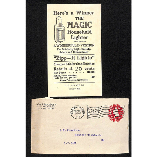 Bangor, ME Amos W. Knowlton* 1912 MAGIC Household Lighter Flyer + Cover