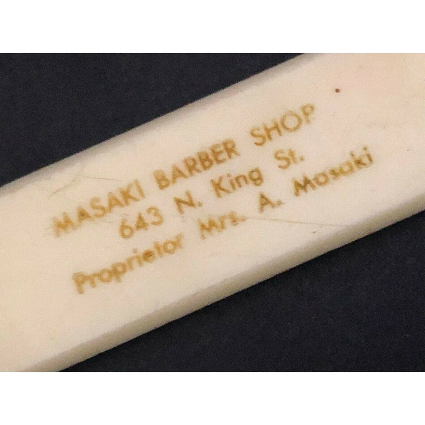 c1920's-30's 7.25" Masaki Barber Shop Hawaii ? Celluloid Adv. Letter Opener