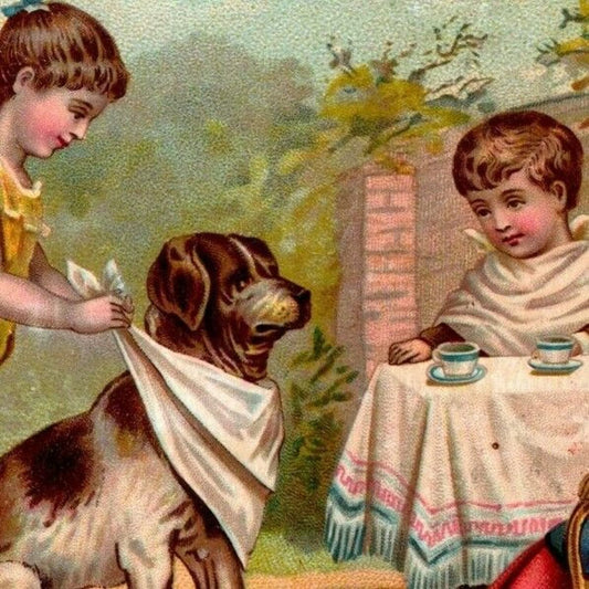 Dannemiller's Cordova Coffee Kids w/ Dog Tea Party Large Victorian Trade Card