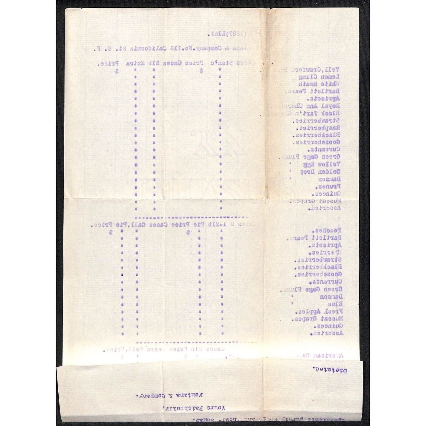 1887 Fontana & Company "Blank" Whsl Fruit New Season Order/ Price Sheet - Scarce