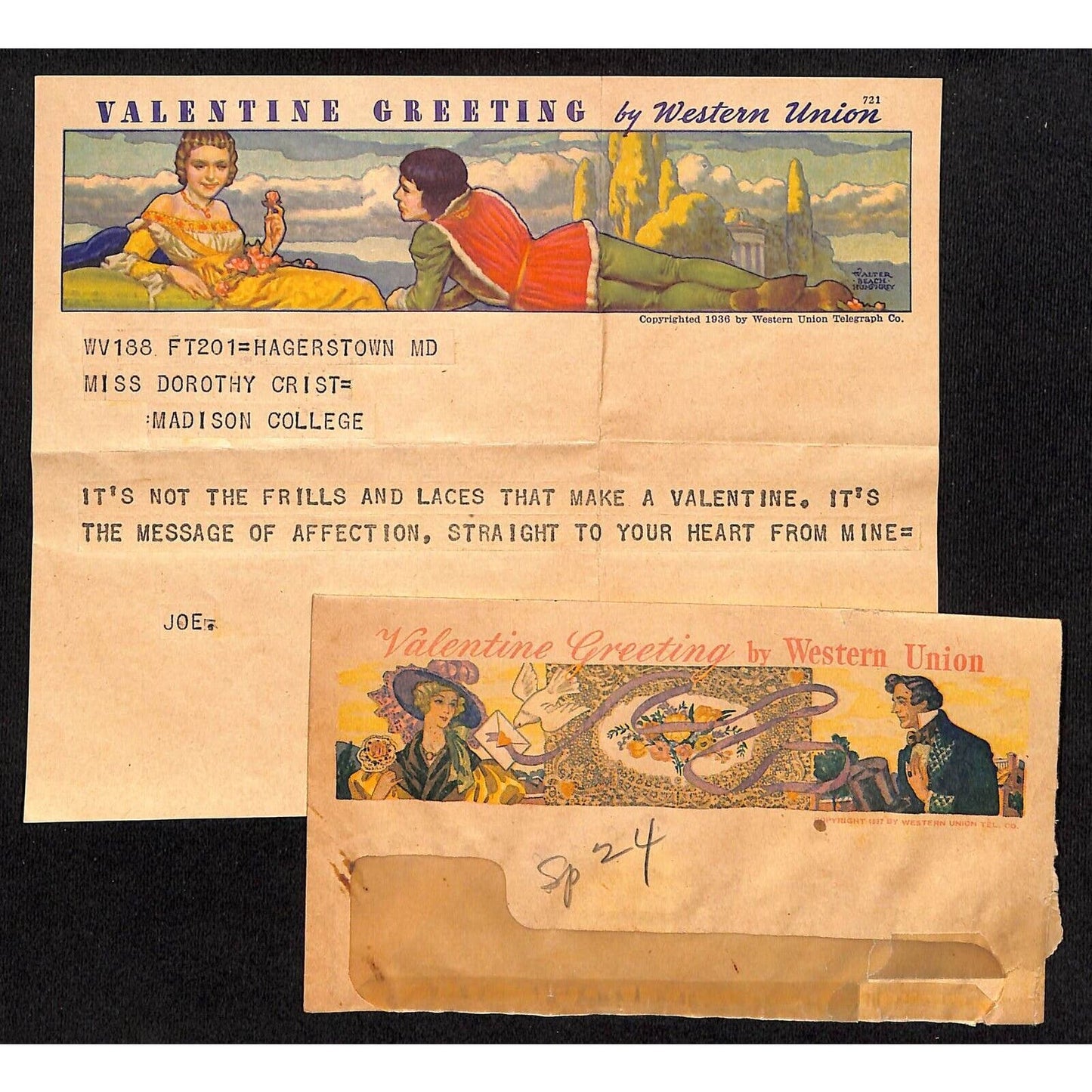 c1936 Western Union Color Romantic Valentine Greeting Poem w/ Cover