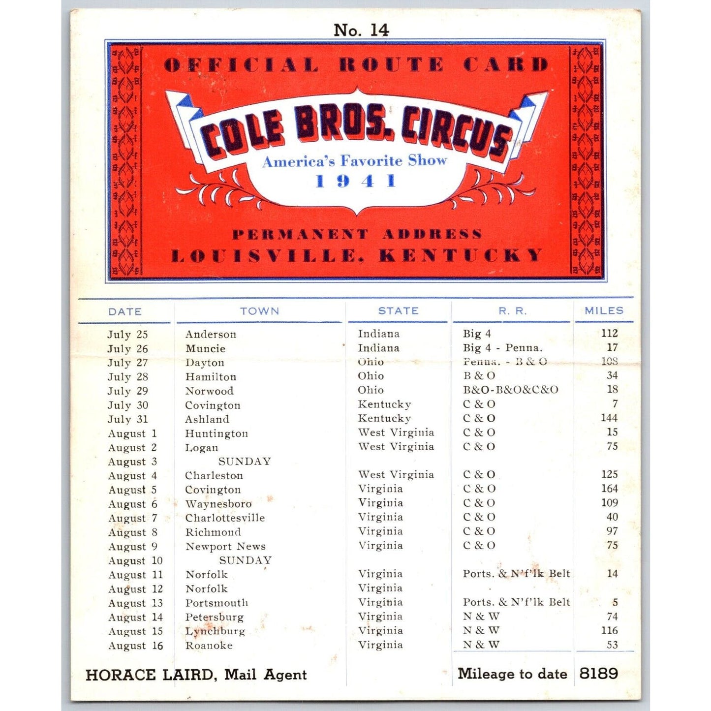 1941 Cole Bros Circus Route Card Virginia Indiana Kentucky Ohio