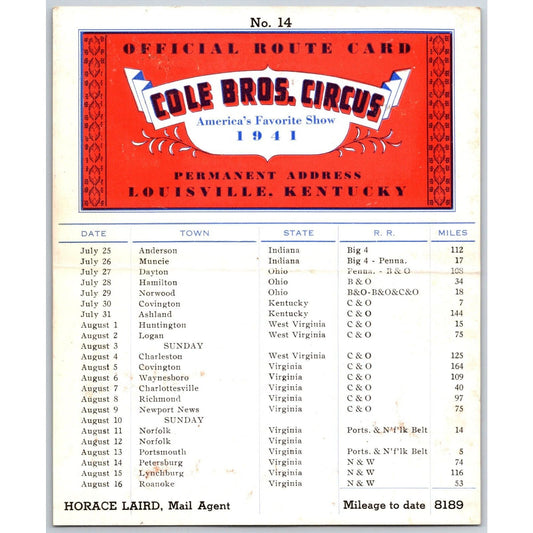 1941 Cole Bros Circus Route Card Virginia Indiana Kentucky Ohio