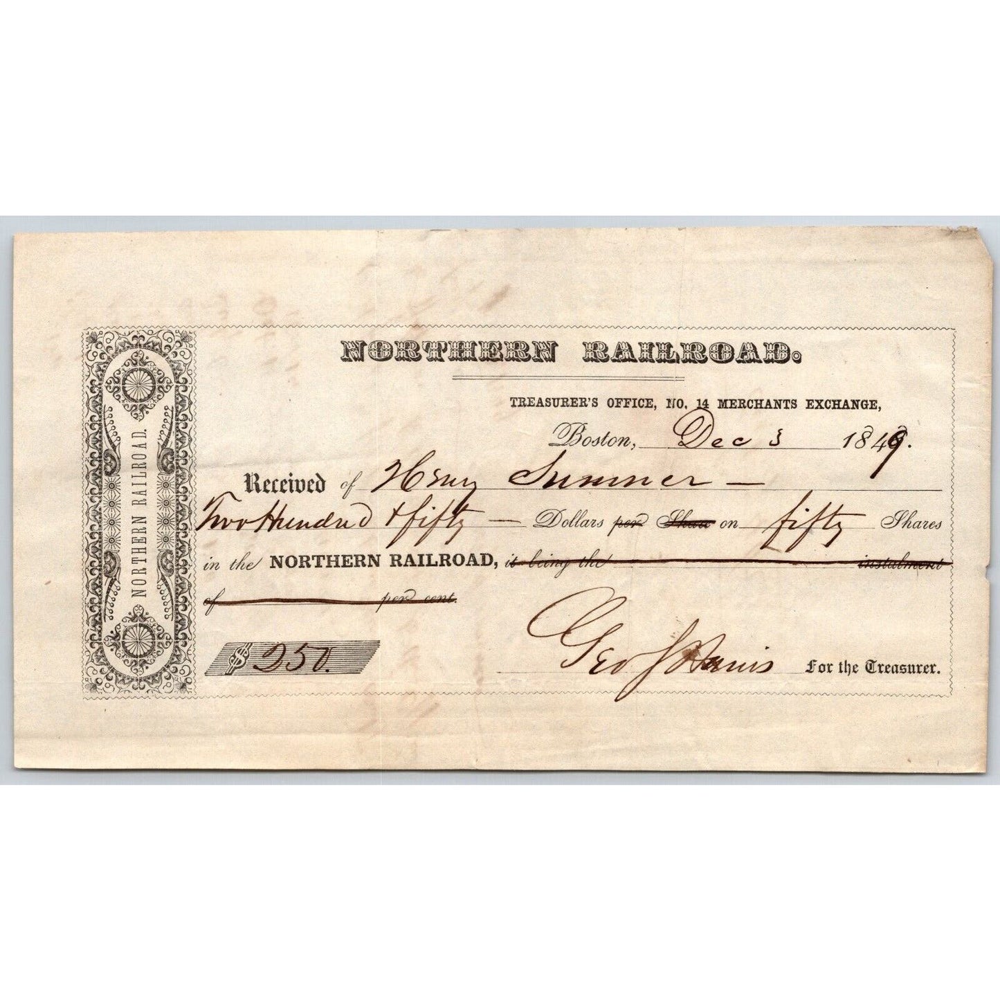 1849 Boston MA Treasurer Receipt Northern Railroad Stock Henry Sumner