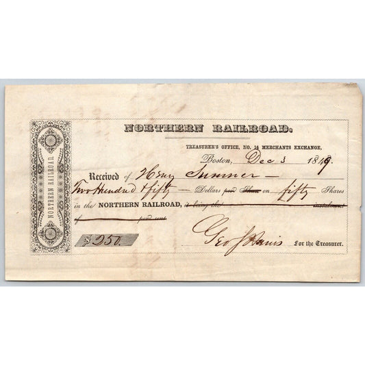 1849 Boston MA Treasurer Receipt Northern Railroad Stock Henry Sumner