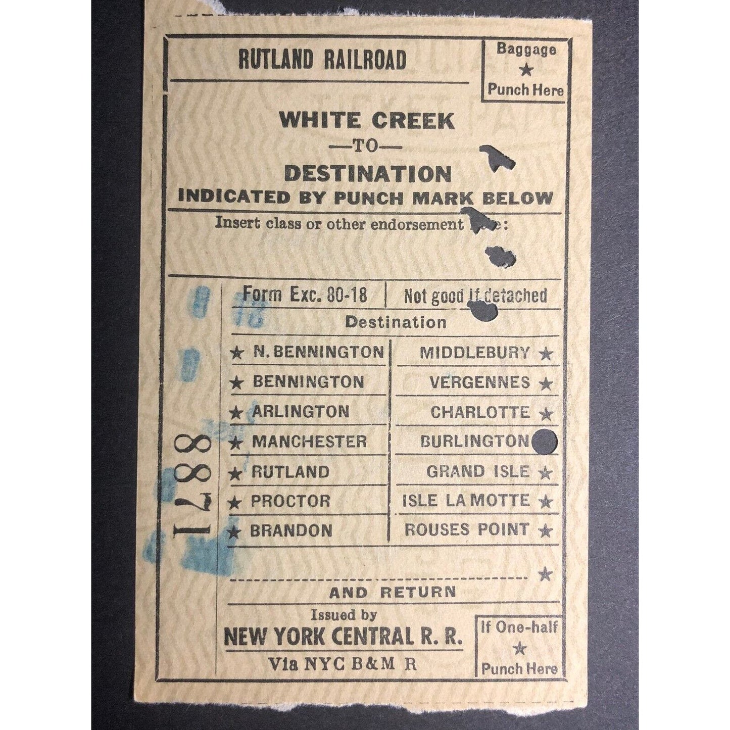 1953 Rutland Railroad / NY Central RR "White Creek to" Check / Ticket #8871