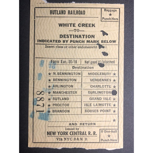 1953 Rutland Railroad / NY Central RR "White Creek to" Check / Ticket #8871
