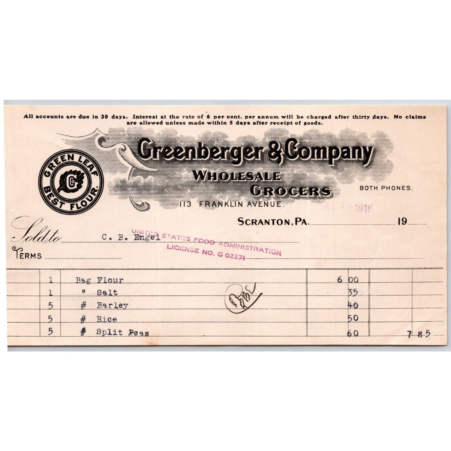 Scranton, PA Greenberger & Co. Grocers 1918 "C.B. Engel" Billhead Salt Flour