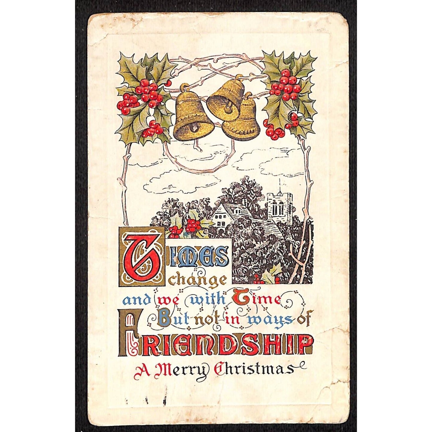 Christmas Postcard "Friendship" Bells Home Scene Embossed PM 1911
