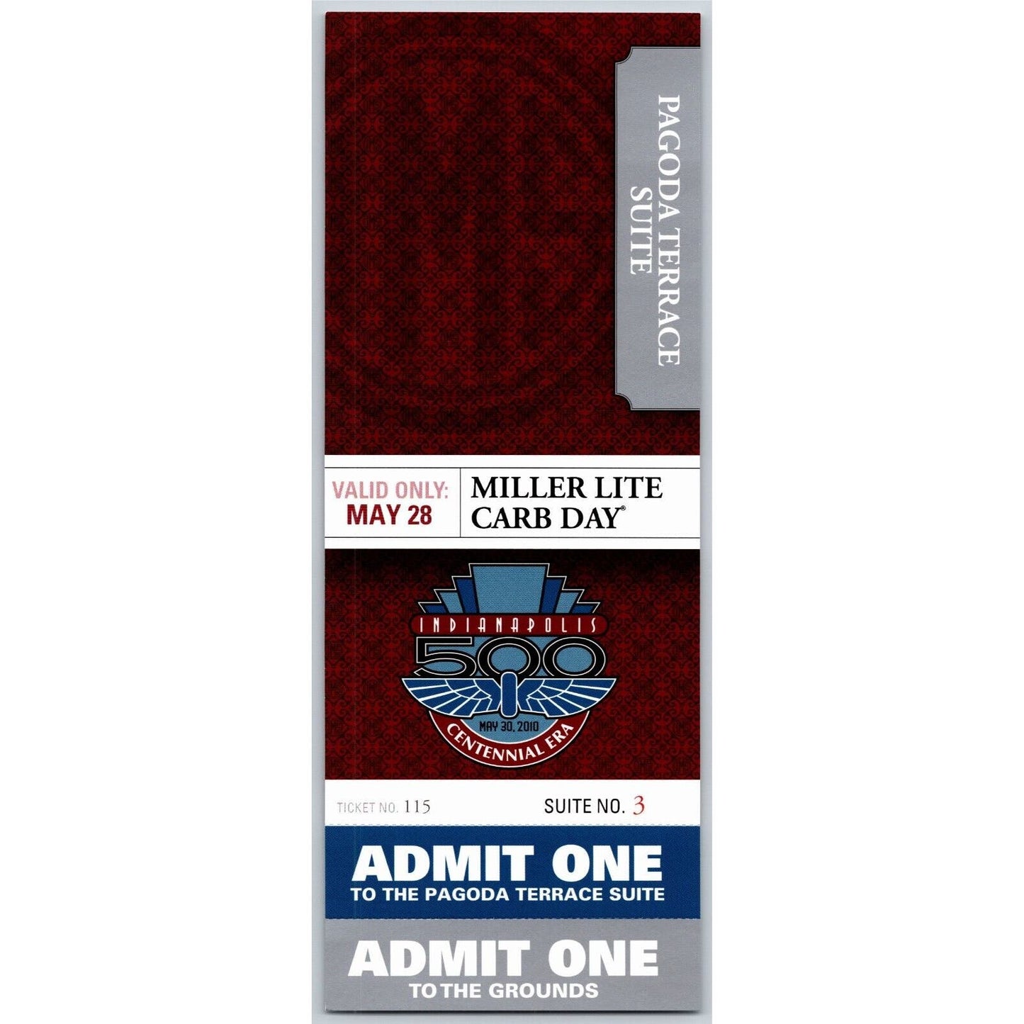 2010 Indy 500 Miller Lite Carb Day 5/28 Pagoda Terrace Suite Unused Ticket #115