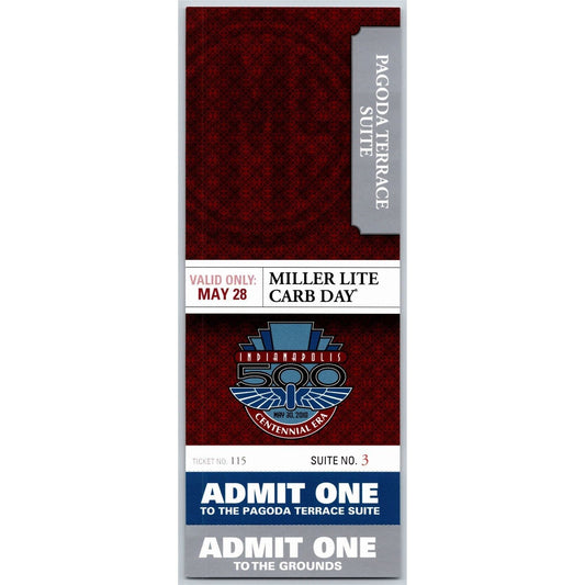 2010 Indy 500 Miller Lite Carb Day 5/28 Pagoda Terrace Suite Unused Ticket #115