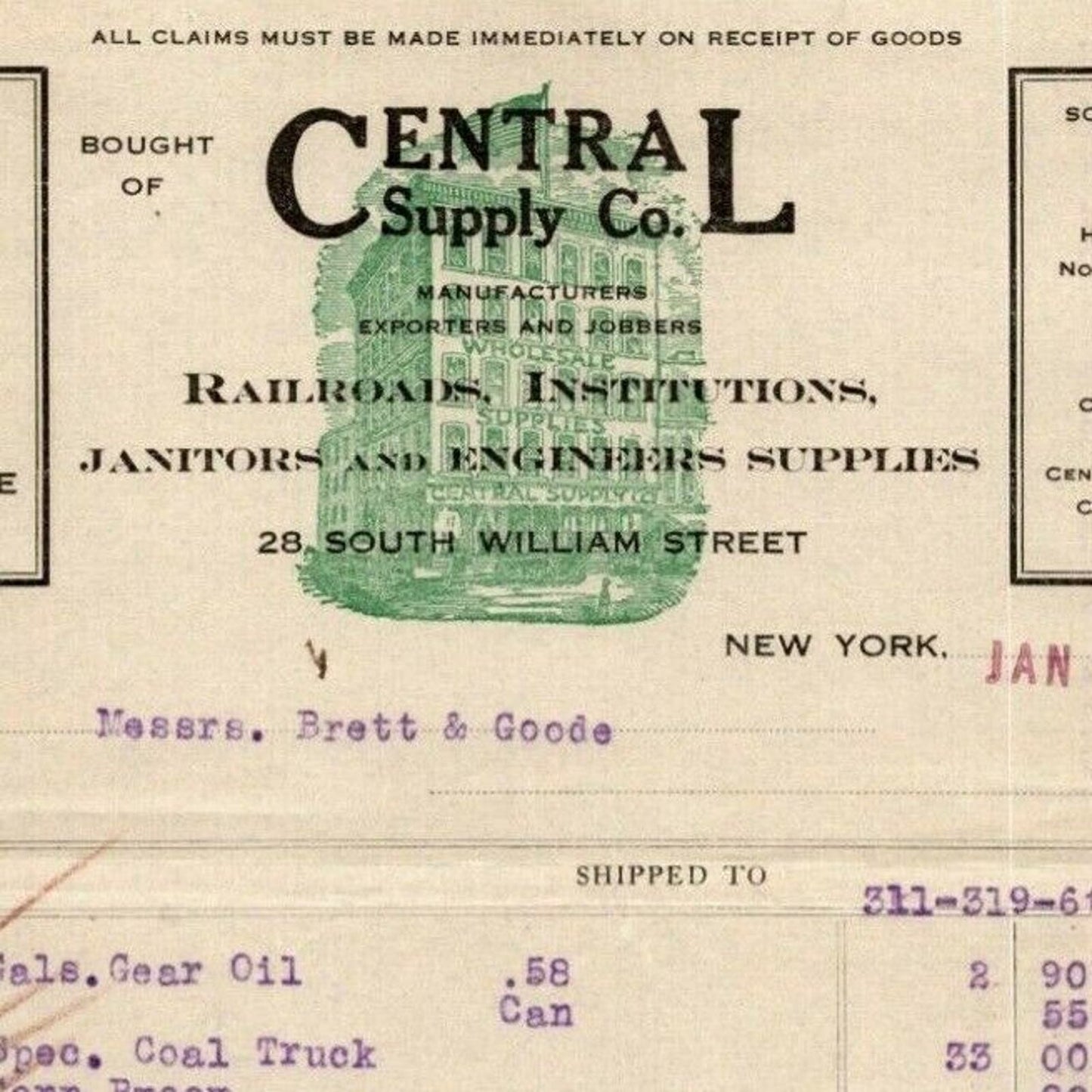 1918 Central Supply Co. Soap Brass Polish Billhead Letterhead South William NYC