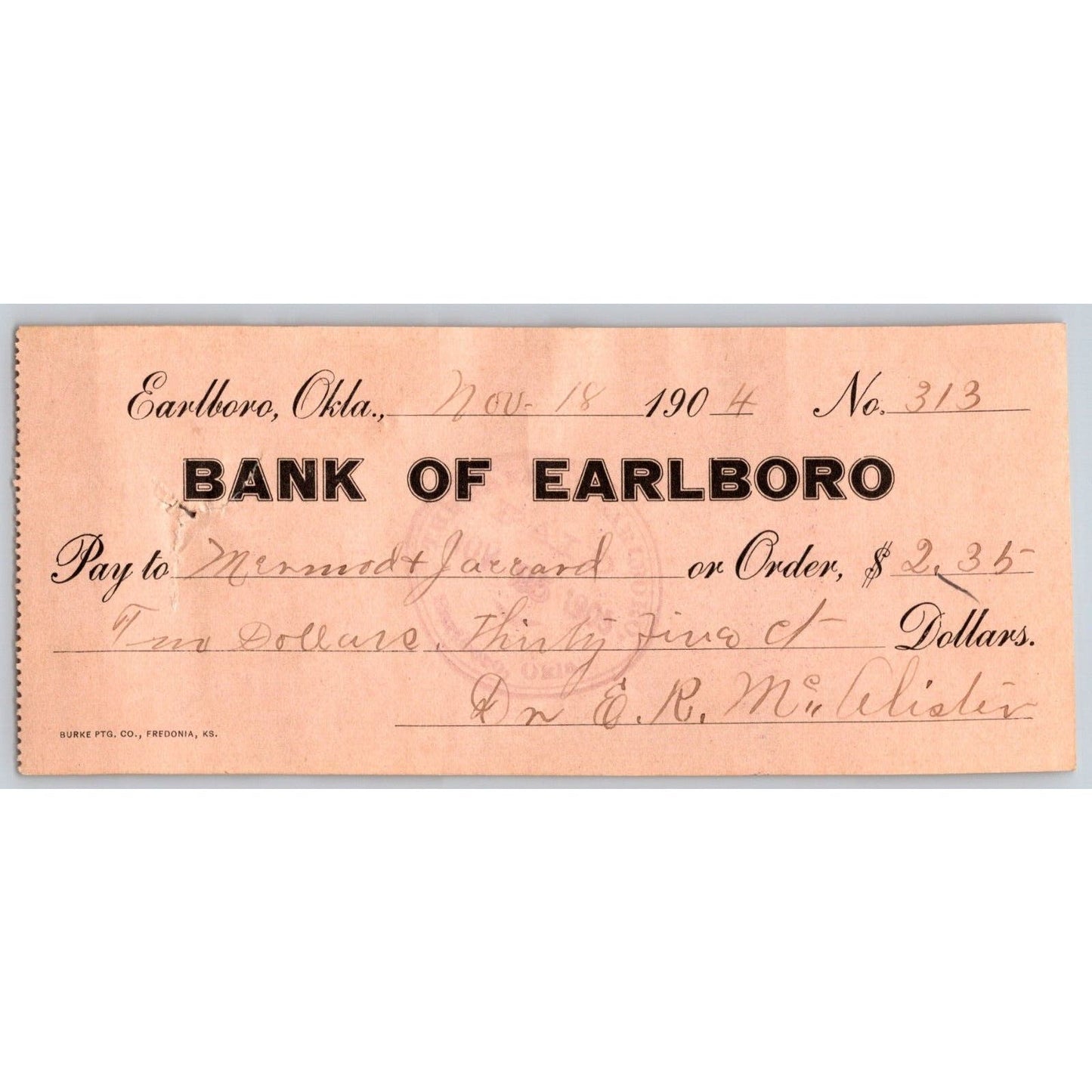 Earlboro, OK Territorial 1904 Mermod-Jaccard "Bank of Earlboro" Check Scarce