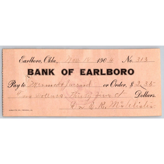 Earlboro, OK Territorial 1904 Mermod-Jaccard "Bank of Earlboro" Check Scarce