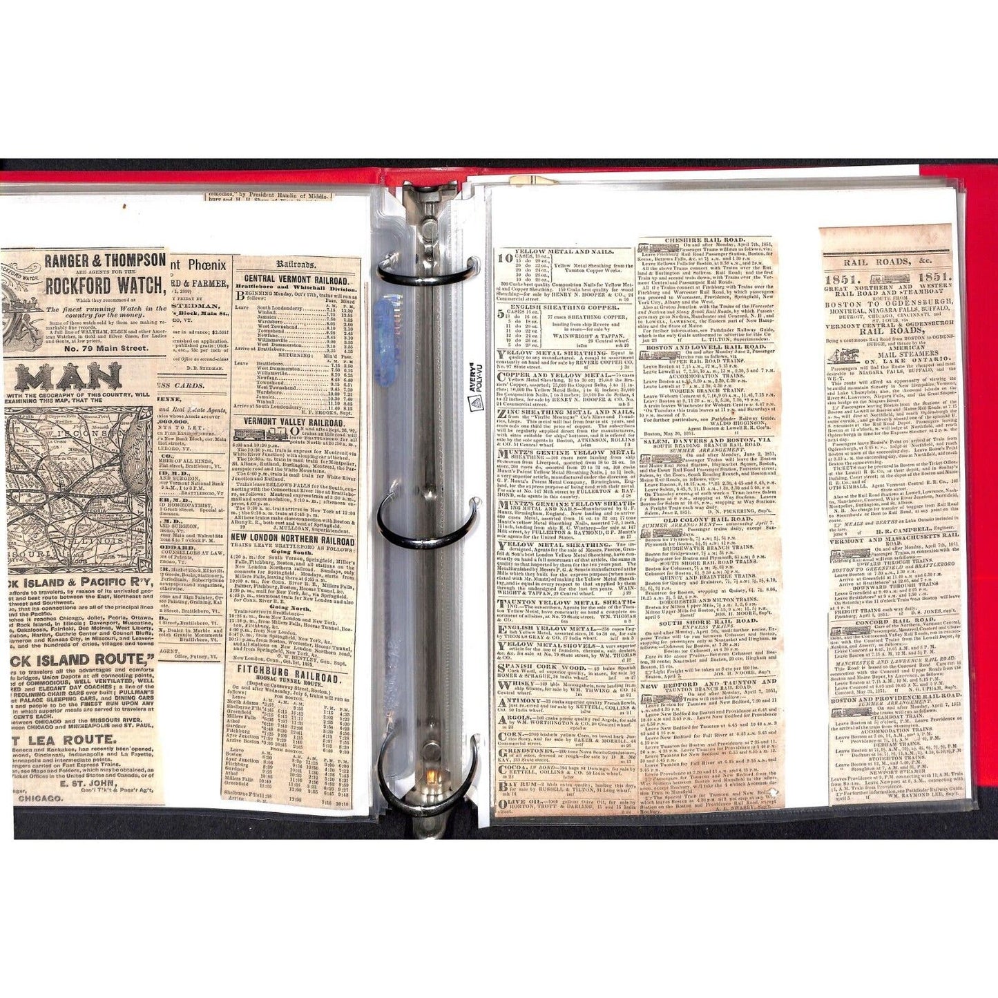 Binder of 140+ Mostly 1851 Railroad & Steam Boat Schedule Newspaper Clippings