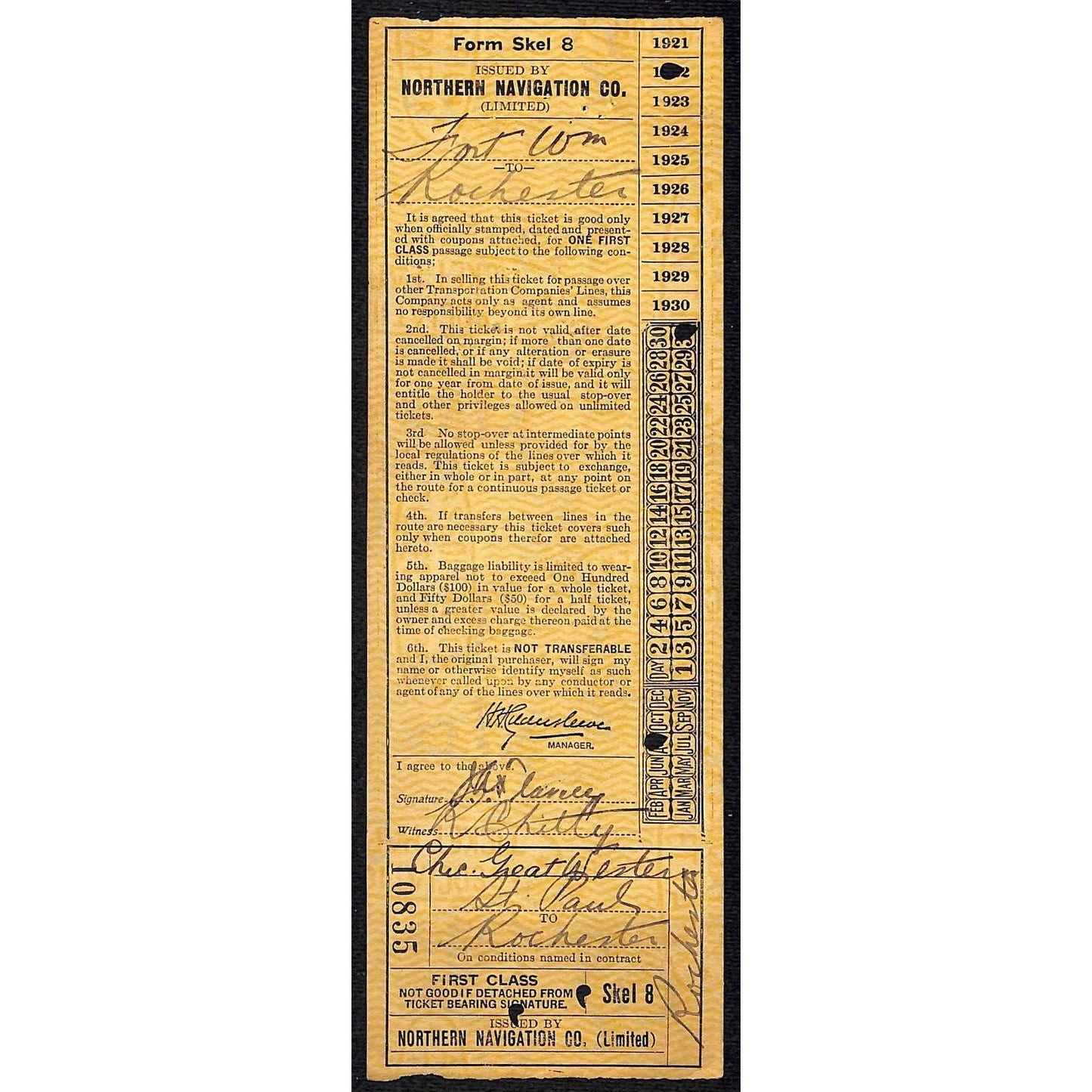 1922 Northern Navigation Co. Railway / Railroad Ticket to Rochester, MINN