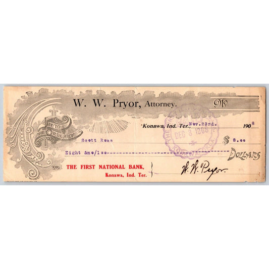 Konawa, Oklahoma 1909 W.W. Pryor Attorney "FNB" Check - Scarce