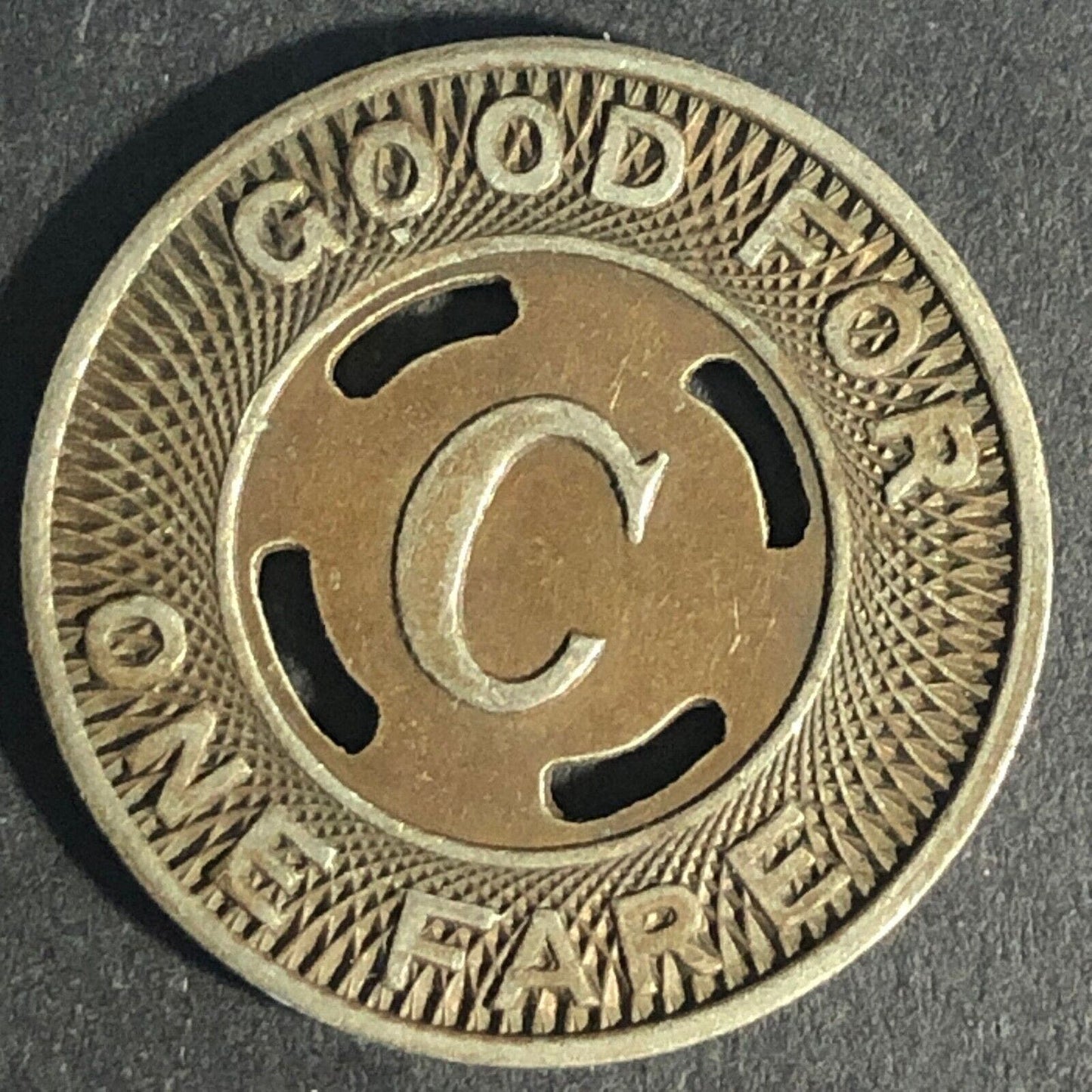 Canton City Lines Inc. "C" G/F One Fare Brass Transit Token 22.79mm