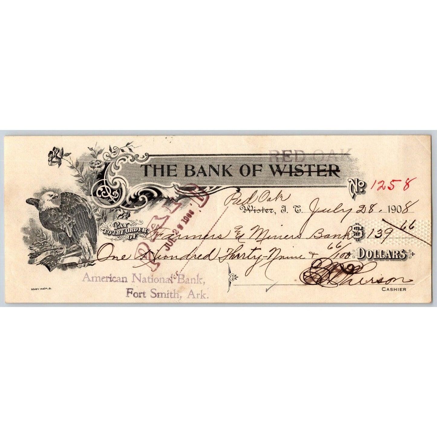 Indian Territory Bank of Red Oak / Wister Oklahoma Check 1908 Eagle Vignette