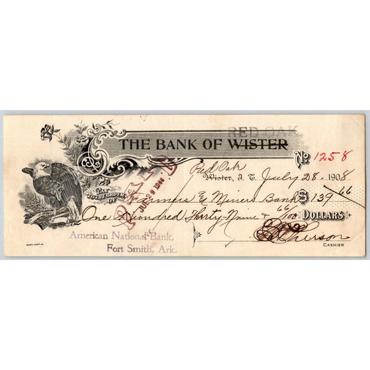 Indian Territory Bank of Red Oak / Wister Oklahoma Check 1908 Eagle Vignette