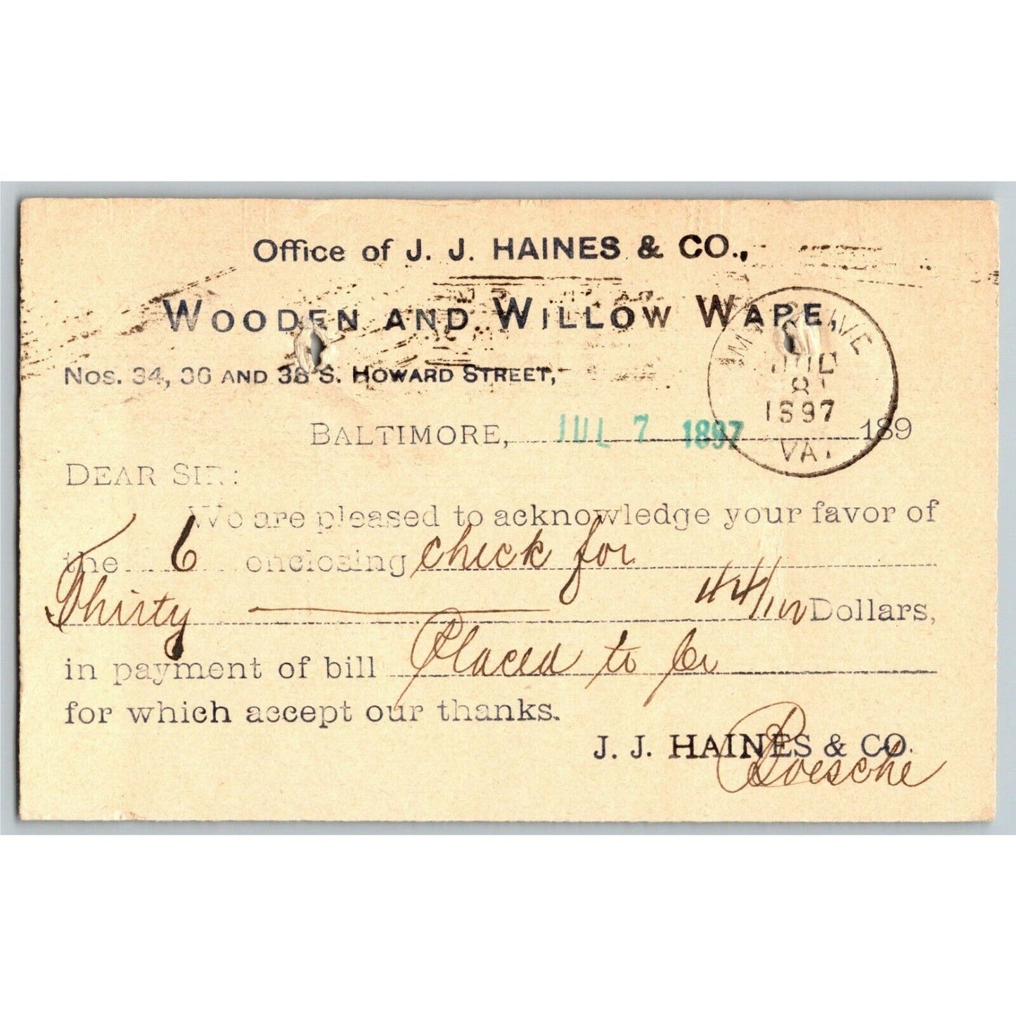 1897 Adv. Payment Conf. Postcard J.J. Haines Wooden Willow Baltimore E. Baker*