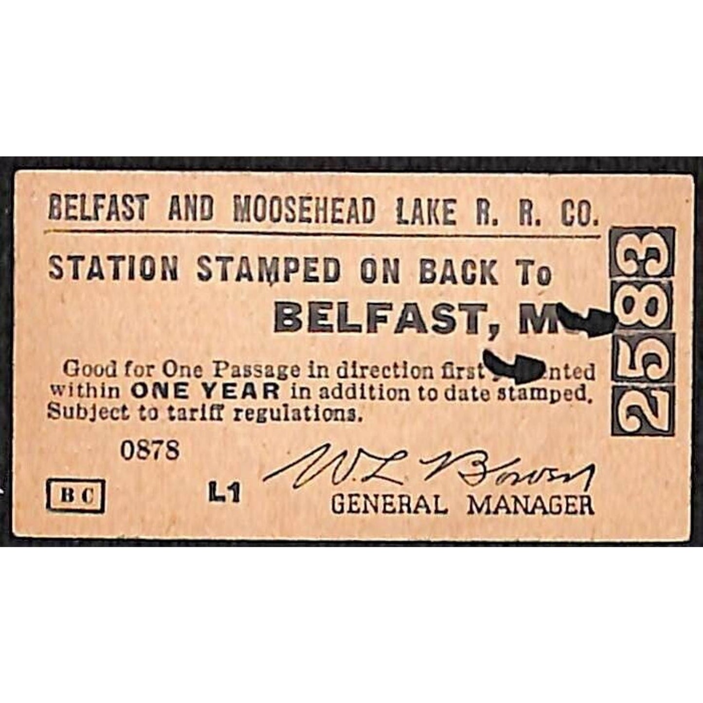 1957 Belfast and Moosehead Lake Railroad Ticket Brooks, ME #2583