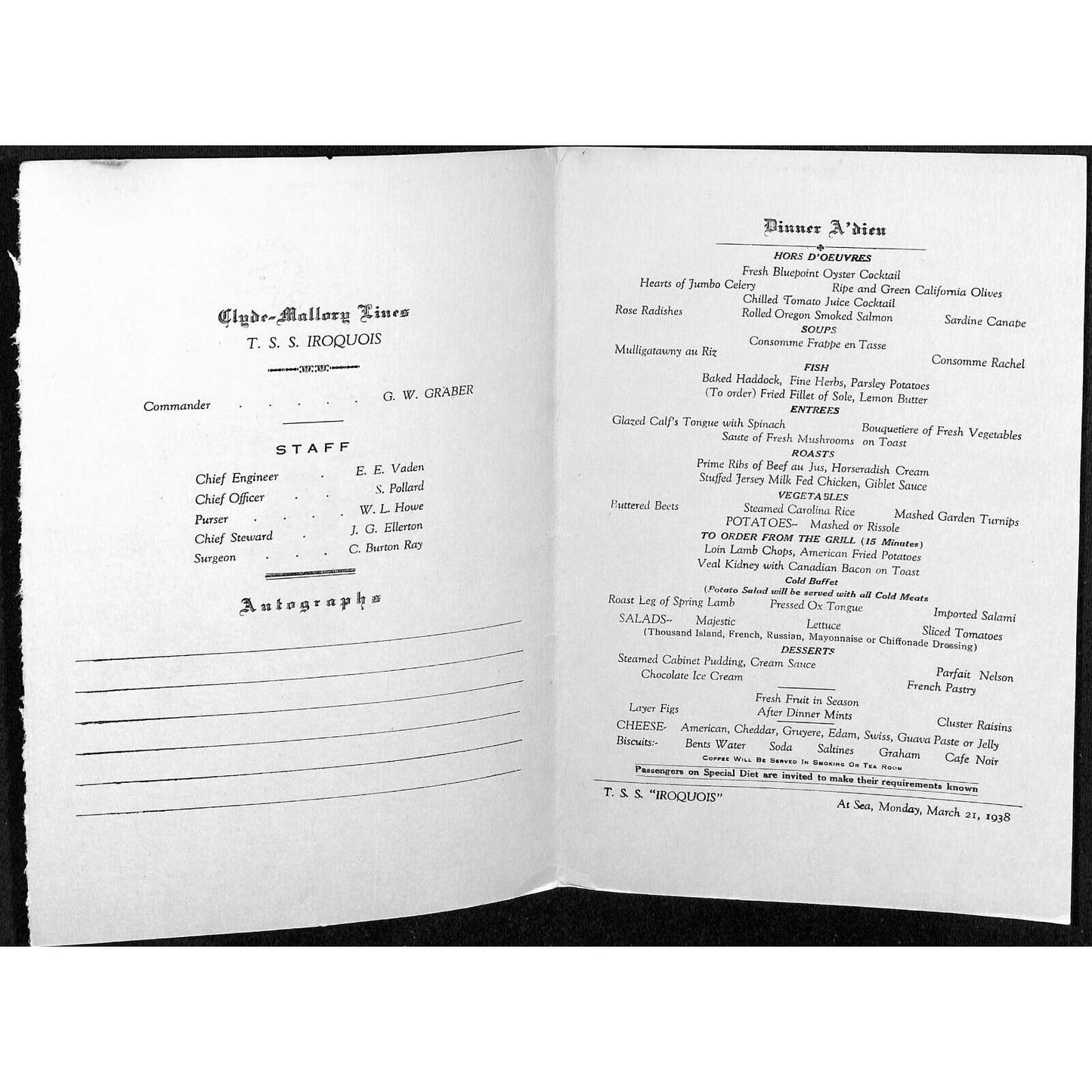 1938 Clyde-Mallory Iroquois Cruise Line Dinner A' dieu Menu Mar 21