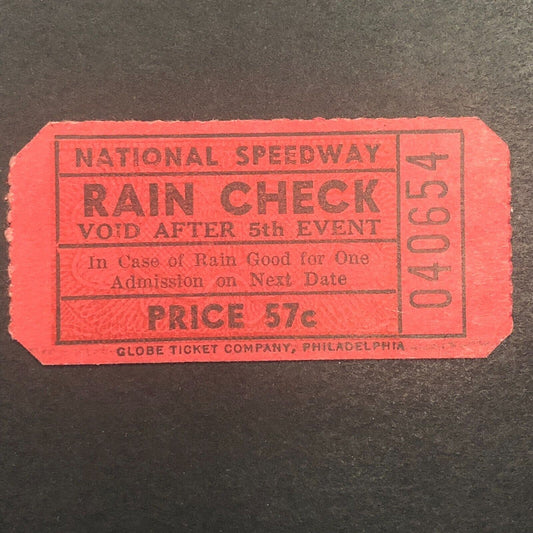 Auto Racing Rain Check Ticket Ted Tappett 1939 National Speedway