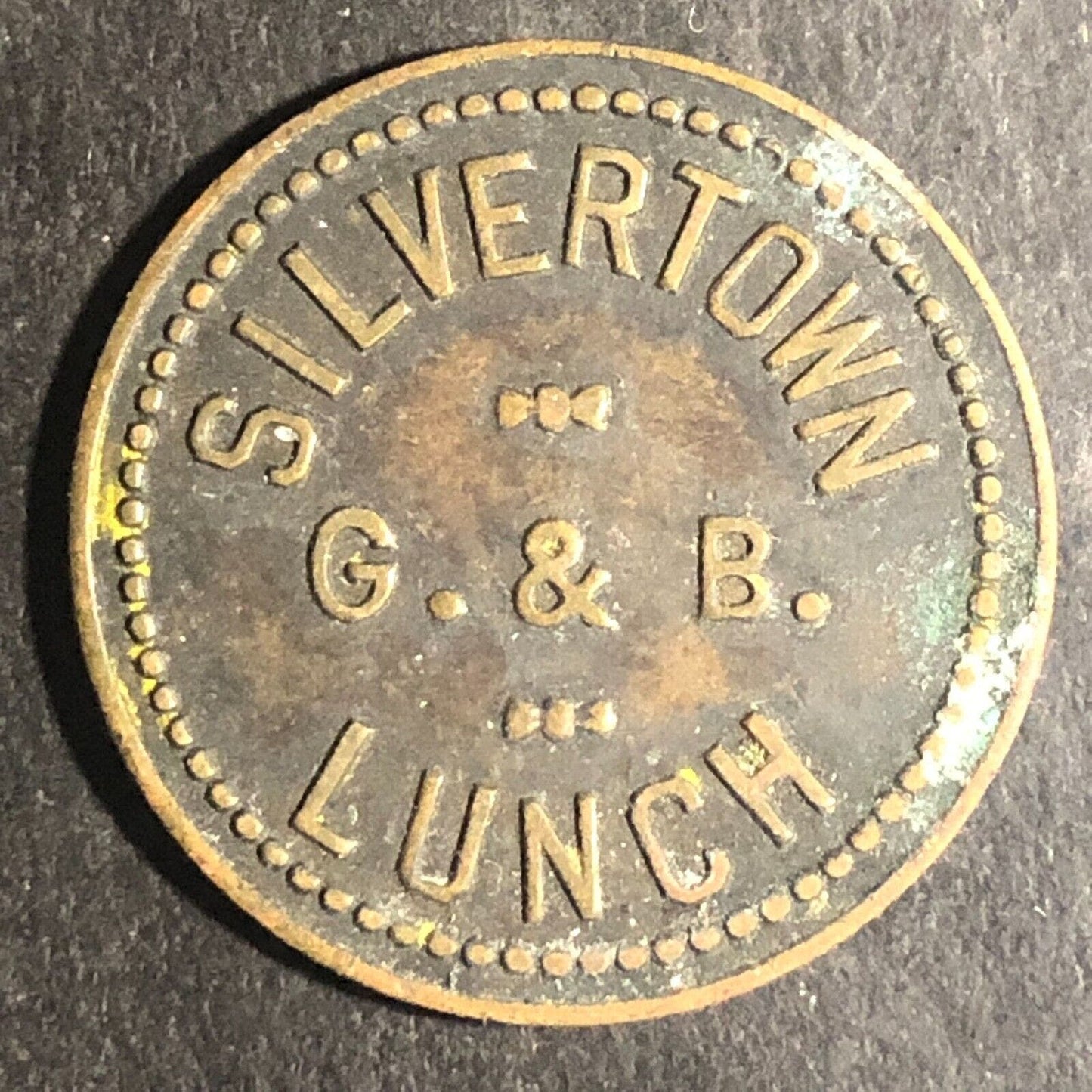 G.B. Silvertown Lunch Akron, OH G/F 10¢ In Trade Brass Token (Est. 1934) Scarce