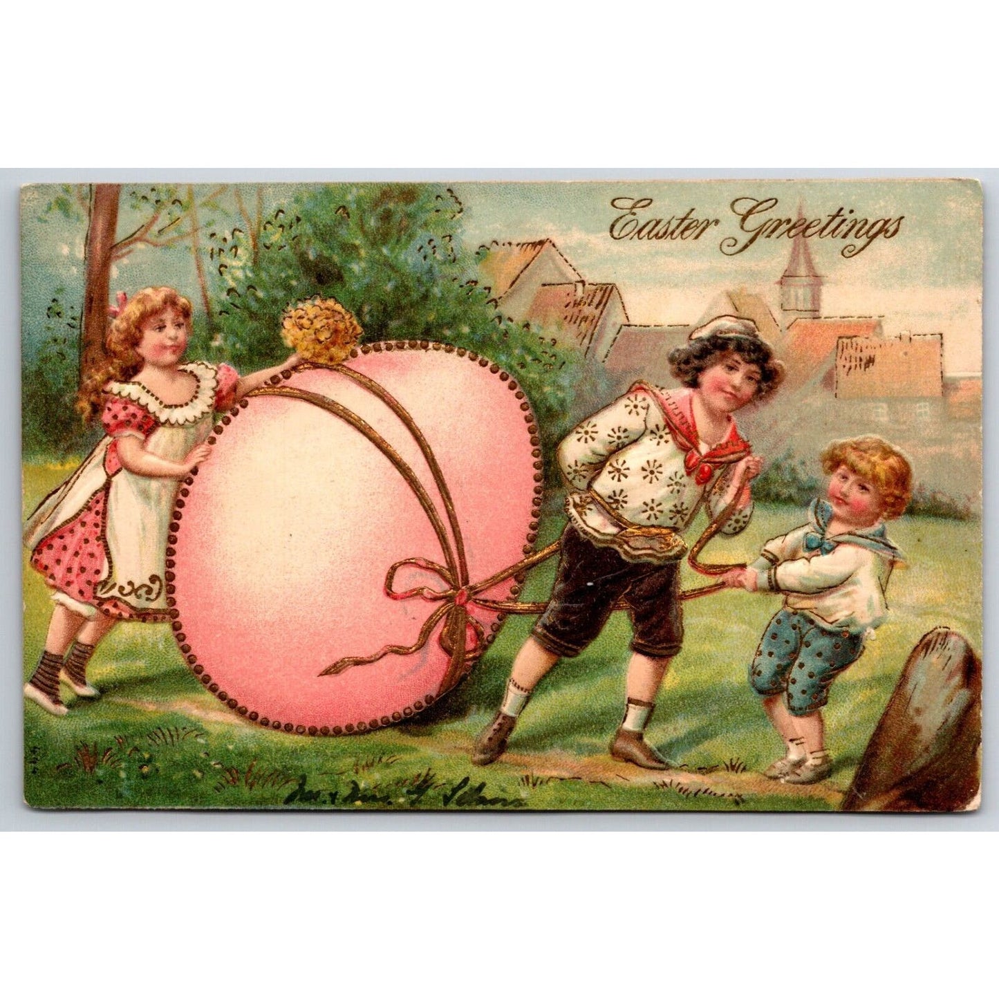 Easter Postcard "Easter Greetings" Kids Pull Exaggerated Egg EMB. PM c1910