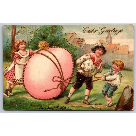 Easter Postcard "Easter Greetings" Kids Pull Exaggerated Egg EMB. PM c1910