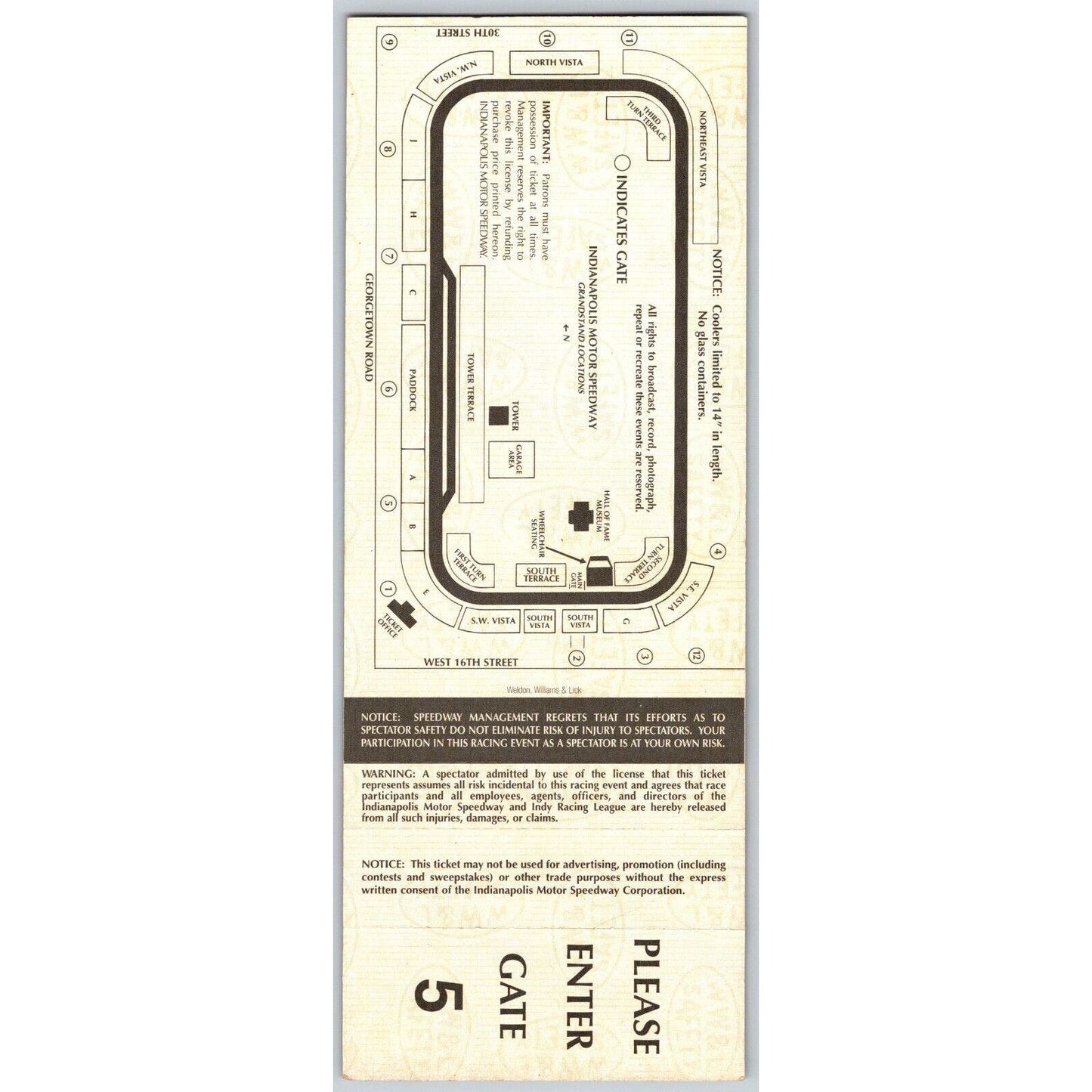 1999 Indy 500 Tower Terrace Full Ticket Seat 19 - Ron Burton Estate