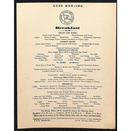 1938 Clyde-Mallory Iroquois Cruise Line Mar 21 Breakfast Menu