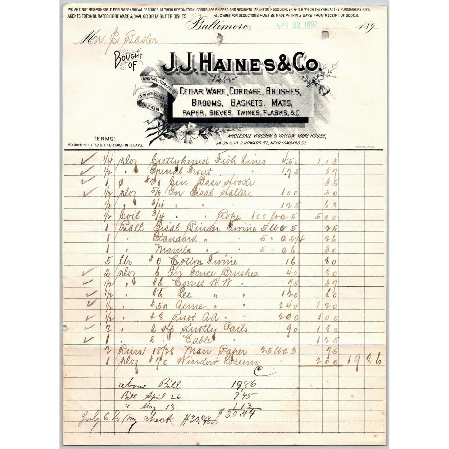 1897 Letterhead Billhead J.J. Haines Cedar Ware Mats Baltimore Ephraim Baker*