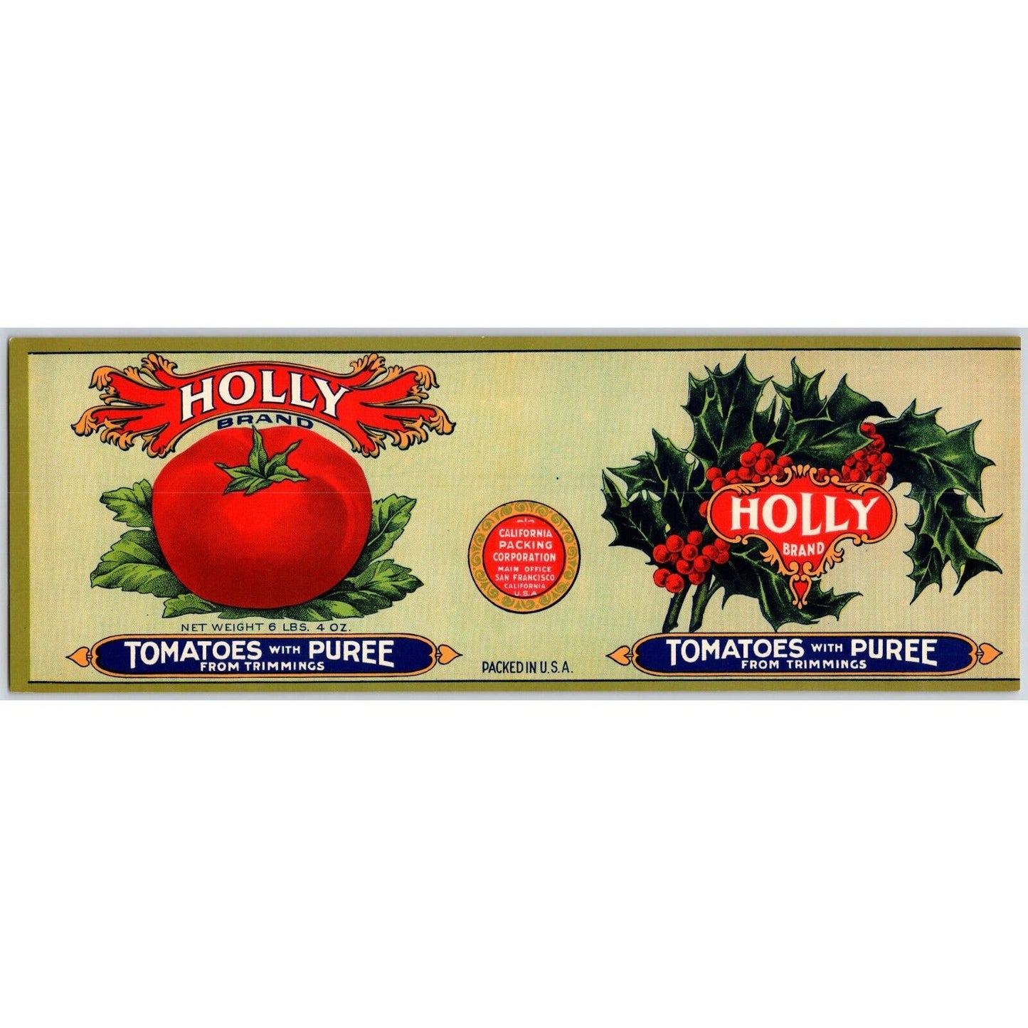 Holly Tomatoes with Puree Paper Can Label Holly Branch c1925-35 VGC Scarce