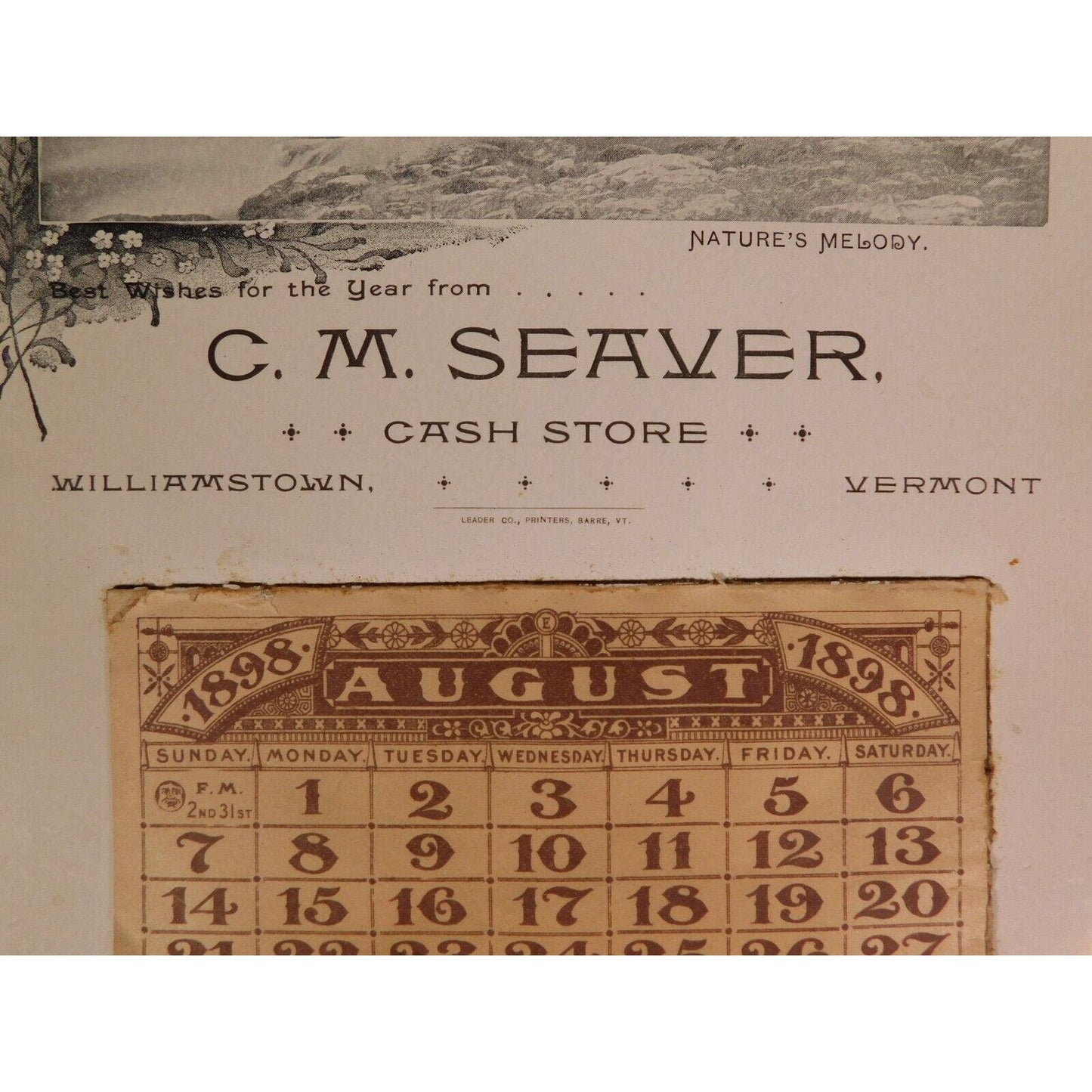 "Best Wishes From.."C. M. Seaver "Cash Store" 1898 Calendar Williamstown Vermont