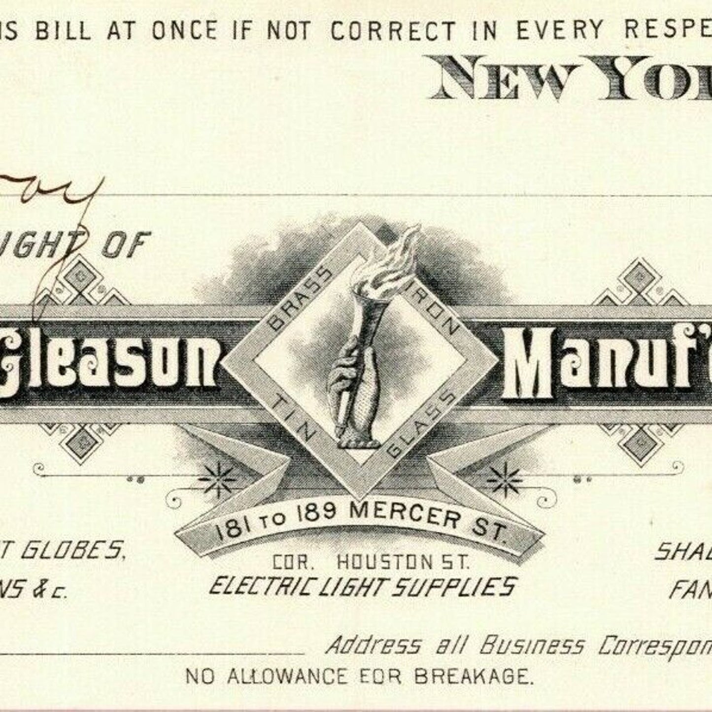 1887 E. P. Gleason Chimneys Globes Lanterns Billhead Letterhead Mercer St. NYC